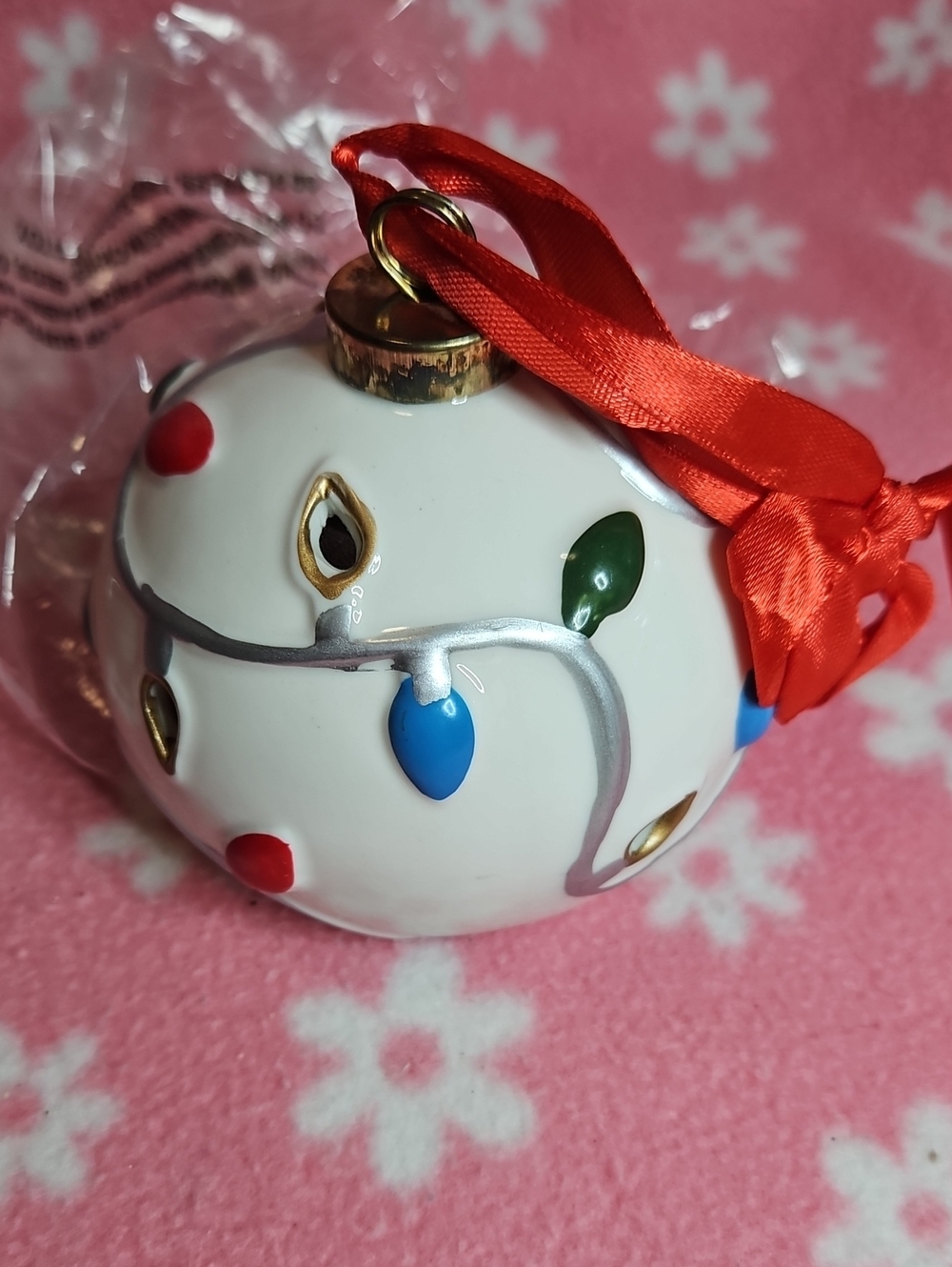 Lightscape Ceramic Holiday Light Bulb Ornament with Red Ribbon